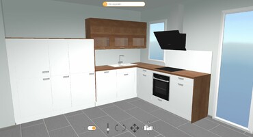 Witte keuken met houten aanrecht in L-vorm